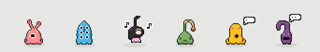 The six MimooPets standing in a row: pink, blue, black, green, yellow and purple. They take turns being happy, thinking and falling asleep.