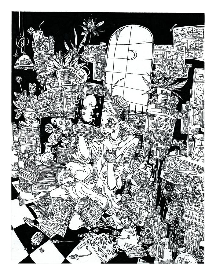 The Birth of Frankenstein, pen and ink, by Yaxin Zheng