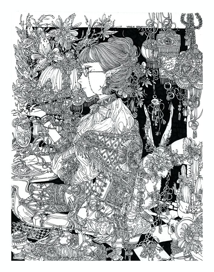 Witch’s Tea Time, pen, ink and marker, by Yaxin Zheng